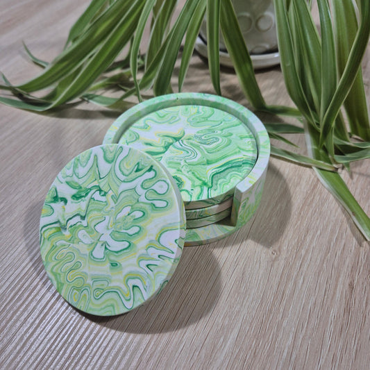 set of 4 green marbled jesmointe coasters in holder