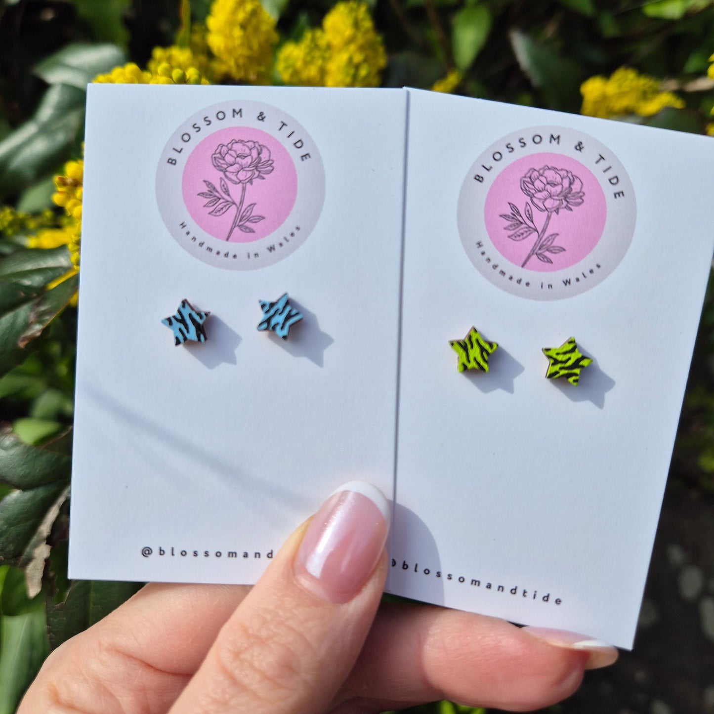 sky blue  and lime green hand painted animal print star earrings