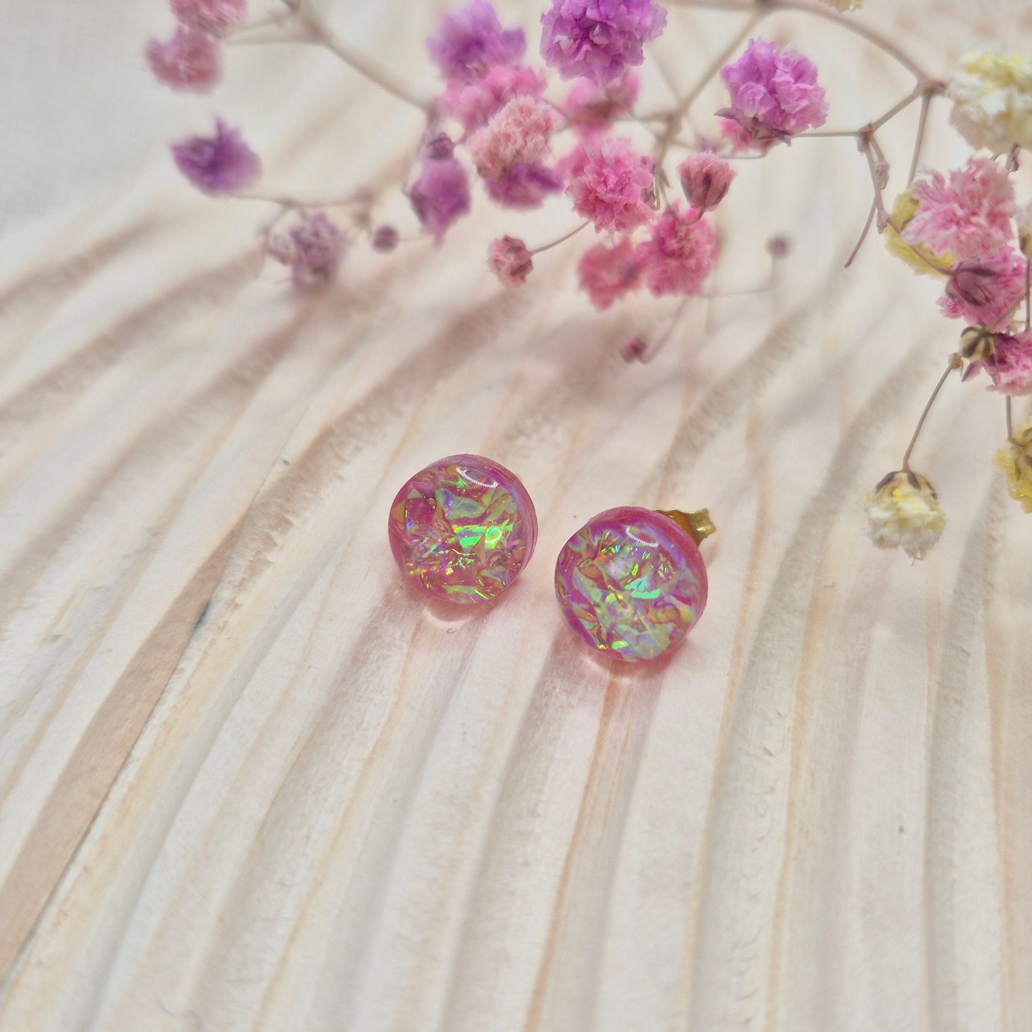 Handmade holographic resin earrings with dichroic effect