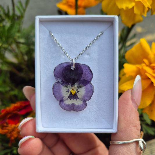 Pressed pansy necklace. Handmade and presented in a gift box
