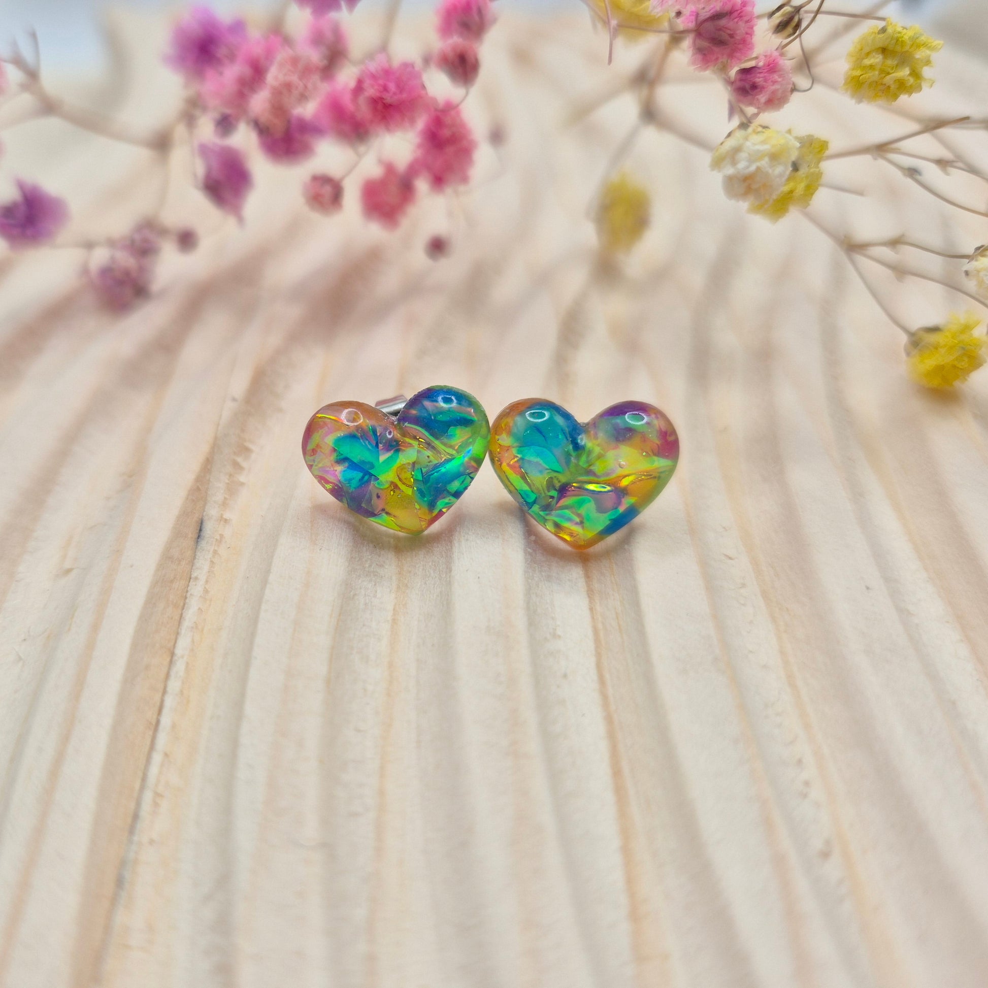 Unique heart-shaped jewellery gift, handmade in Wales with a shimmering resin finish