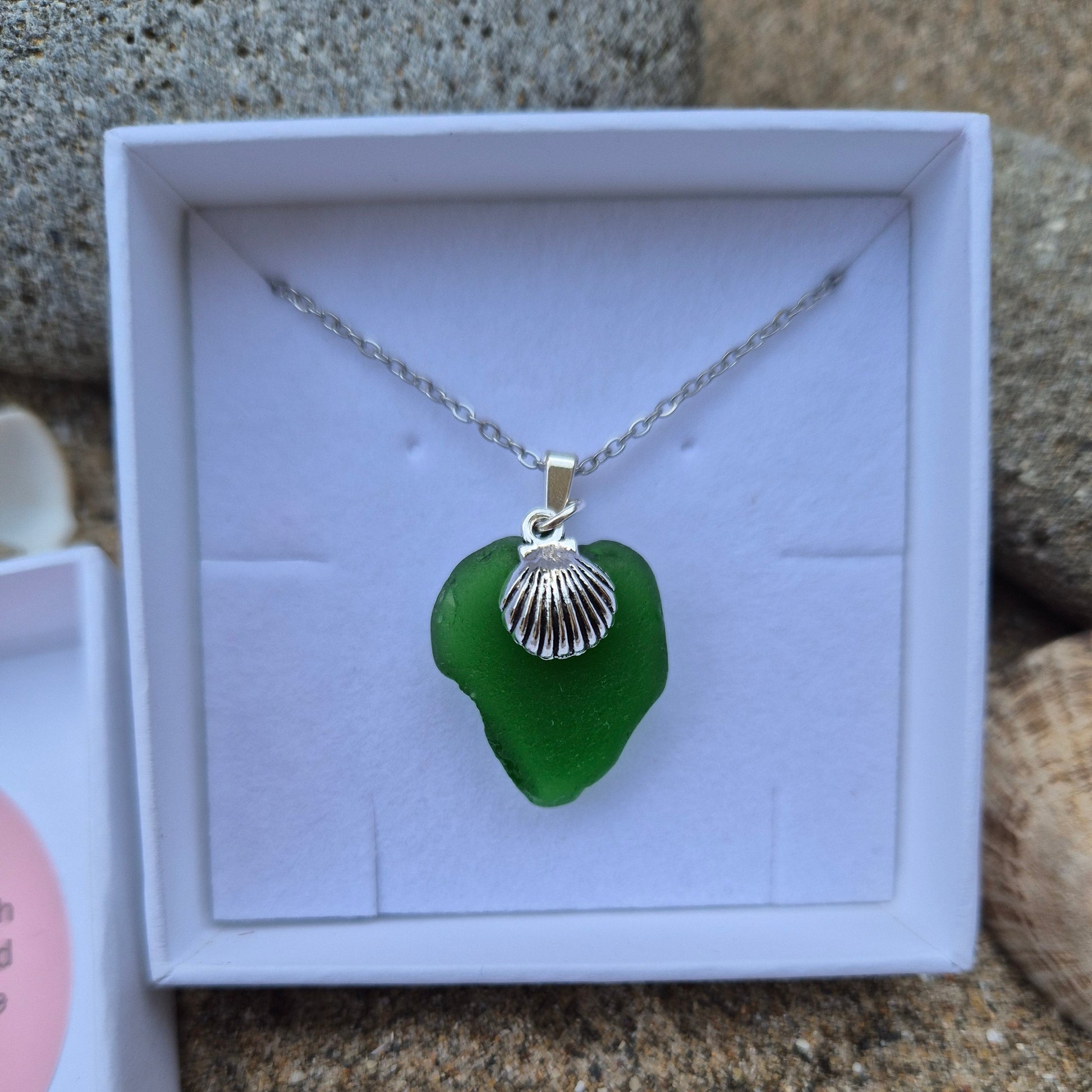 Sea glass necklace with shell charm in a gift box