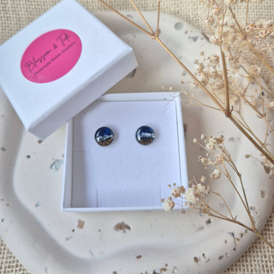 Earring set in a white box with a pink blossom and tide label on a textured surface with dried flowers.