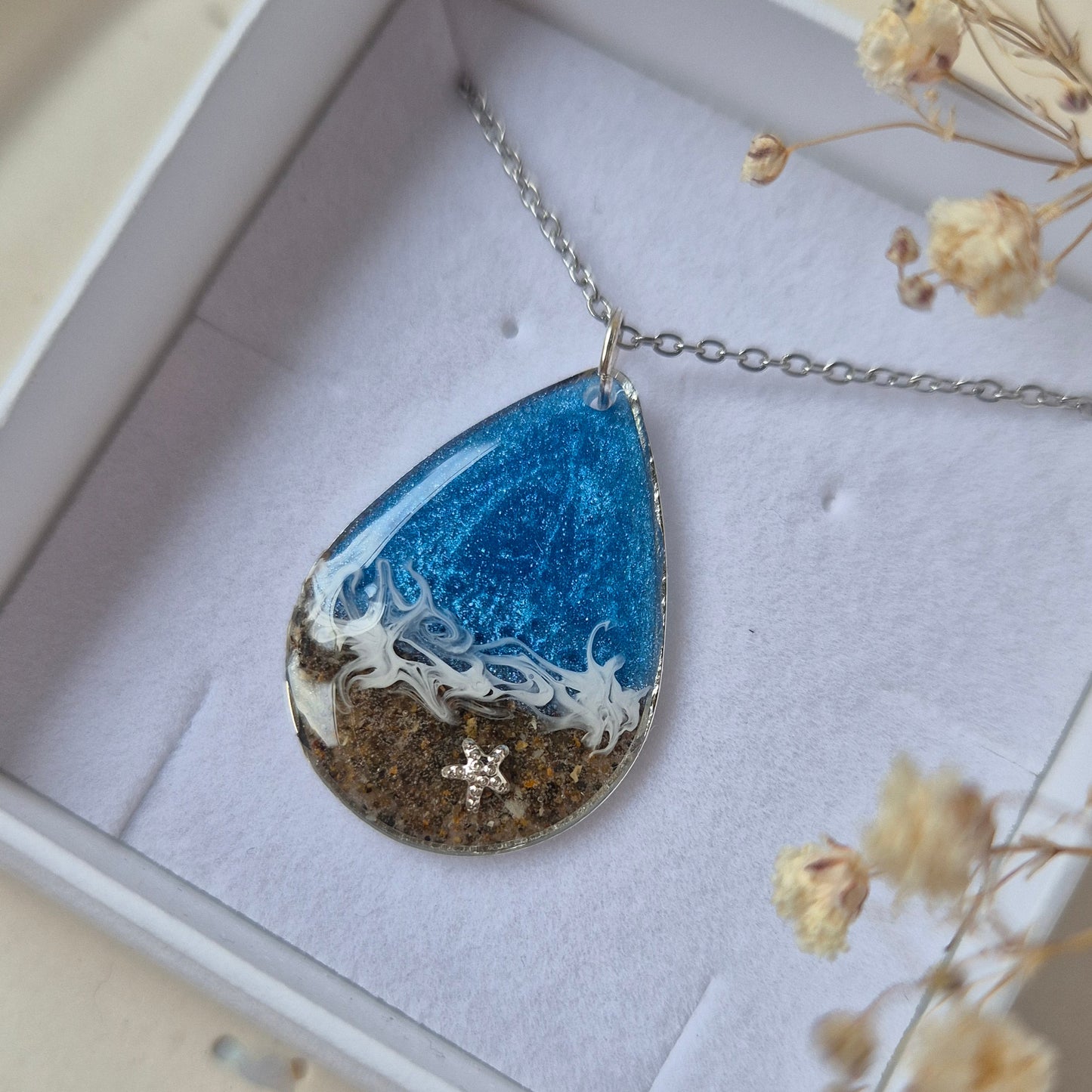 Teardrop necklace with welsh beach sand in a box