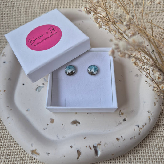 A pair of welsh beach sand earrings shown in blossom & tide branded box.